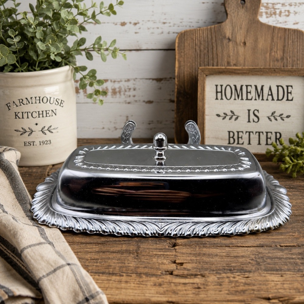 Irvinware Silver Tone Butter Dish with Lid Scalloped Edge Made in USA Vintage